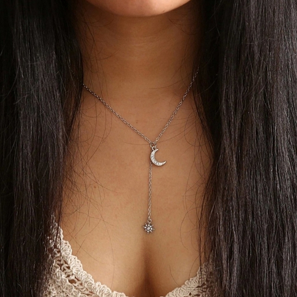 Free People Crystal Moon & Star Necklace Silver